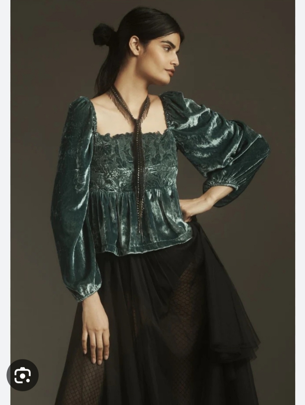 Anthropologie Luxe Velvet Cutwork Top Long Sleeve Teal Green Size XL Whimsigoth